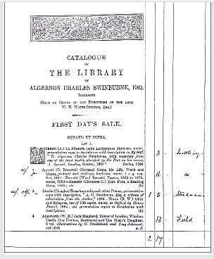 Fig. 1. Title page from the sales catalog of Swinburne's personal library